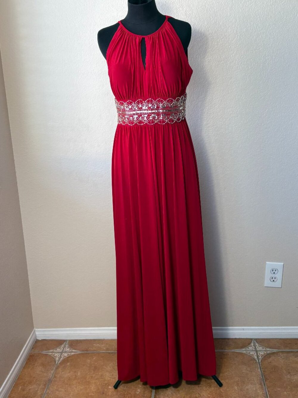 R&M Richards Size 10 Raspberry Red Beaded Waist Formal Evening Gown